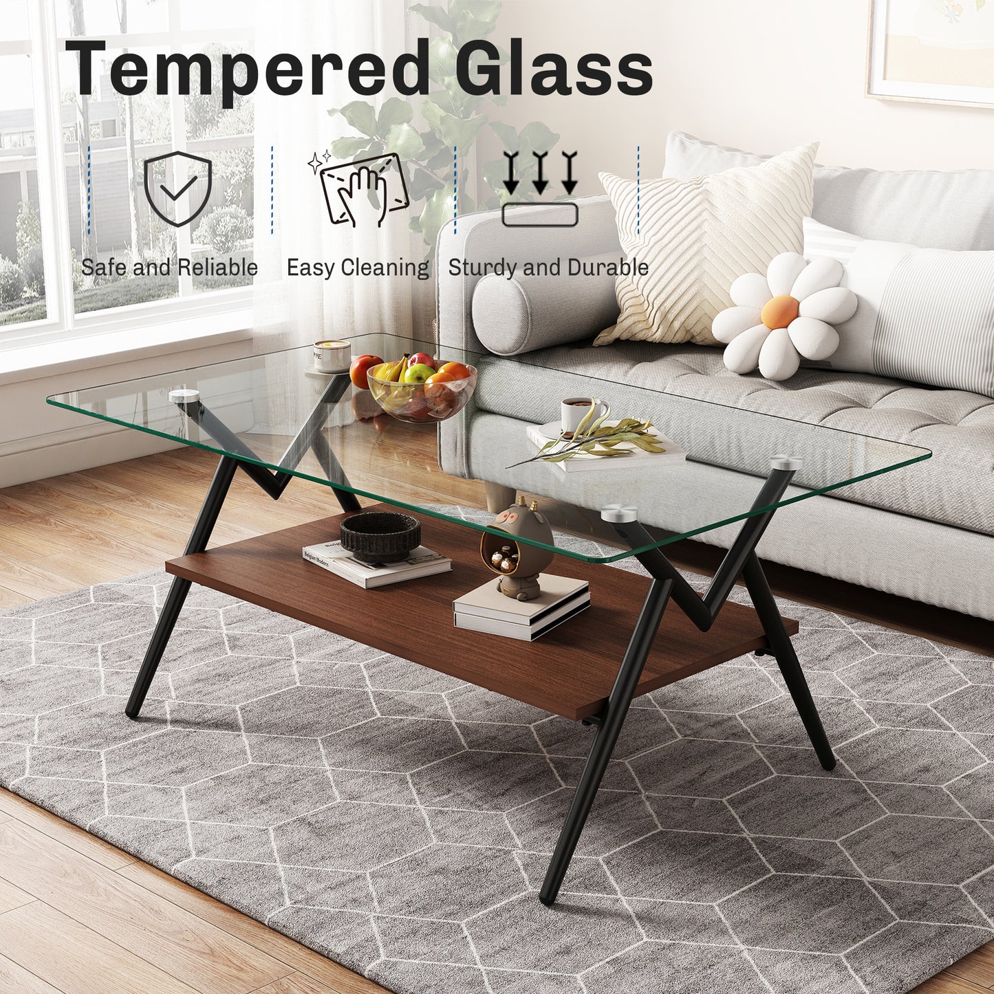 Modern Tempered Glass Coffee Table with Storage Shelf