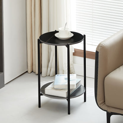 Modern Round Marble Side Table with Two-Tier Storage and Metal Frame - Scratch & Waterproof Design