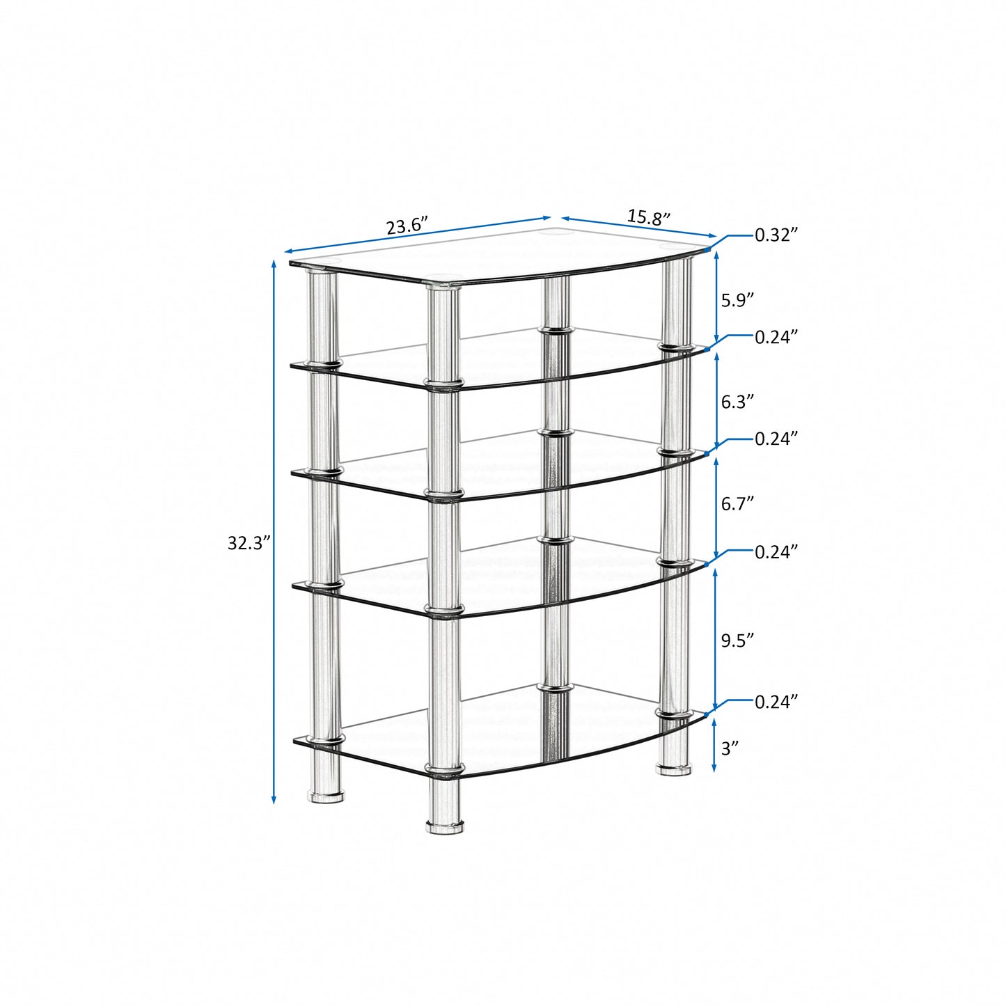 5-Tier Black Glass Display Shelf with Stainless Steel Legs