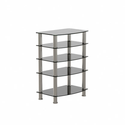 5-Tier Black Glass Display Shelf with Stainless Steel Legs