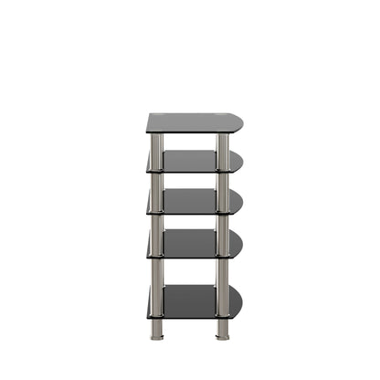 5-Tier Black Glass Display Shelf with Stainless Steel Legs