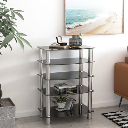 5-Tier Black Glass Display Shelf with Stainless Steel Legs