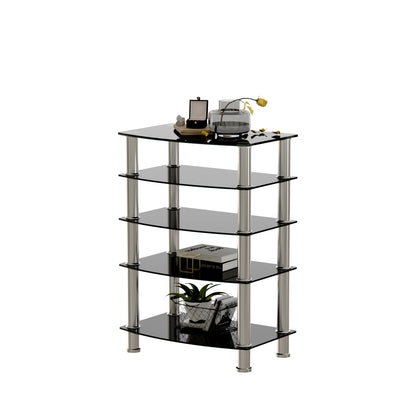 5-Tier Black Glass Display Shelf with Stainless Steel Legs