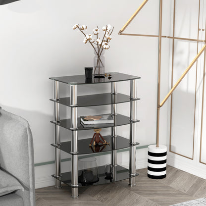 5-Tier Black Glass Display Shelf with Stainless Steel Legs