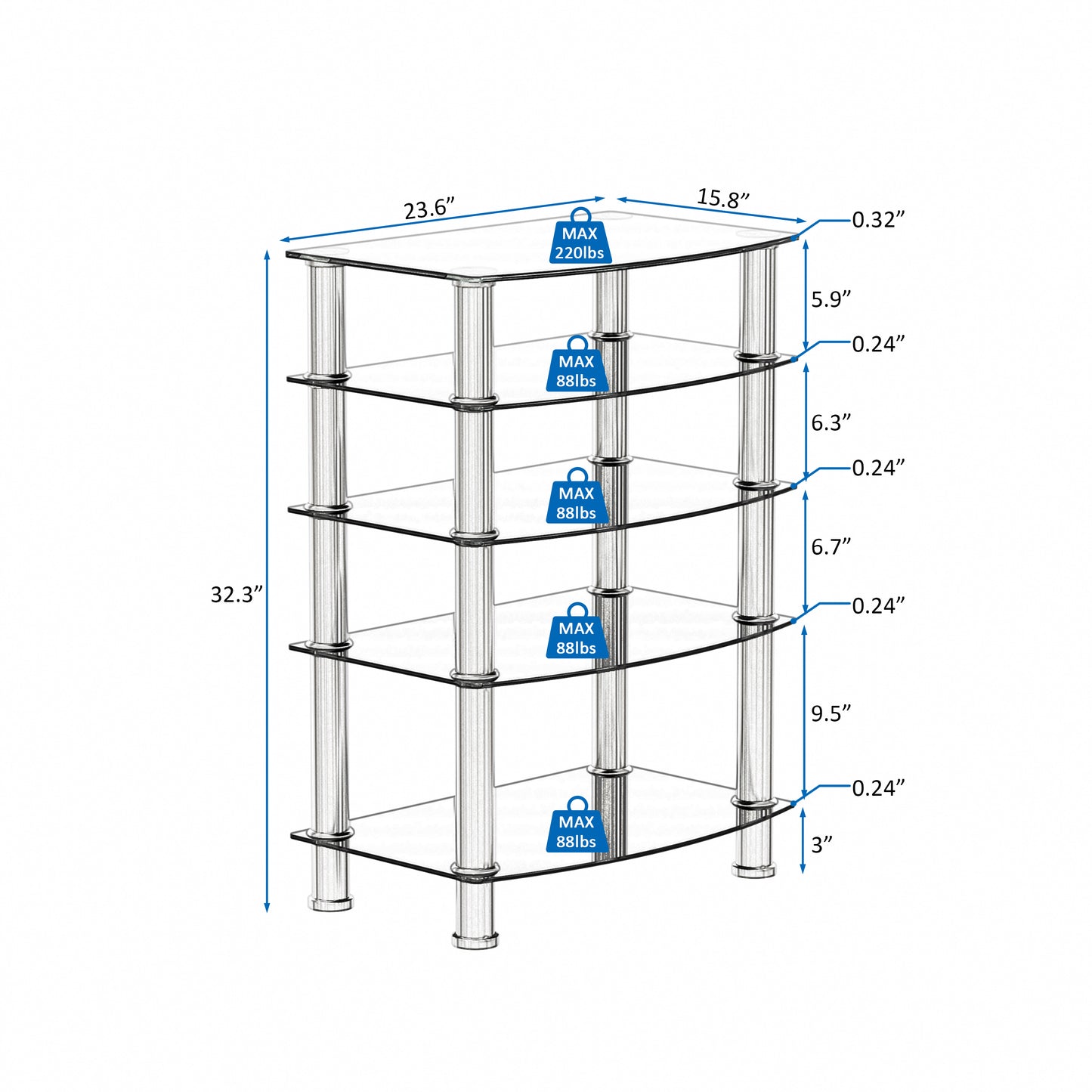 5-Tier Black Glass Display Shelf with Stainless Steel Legs