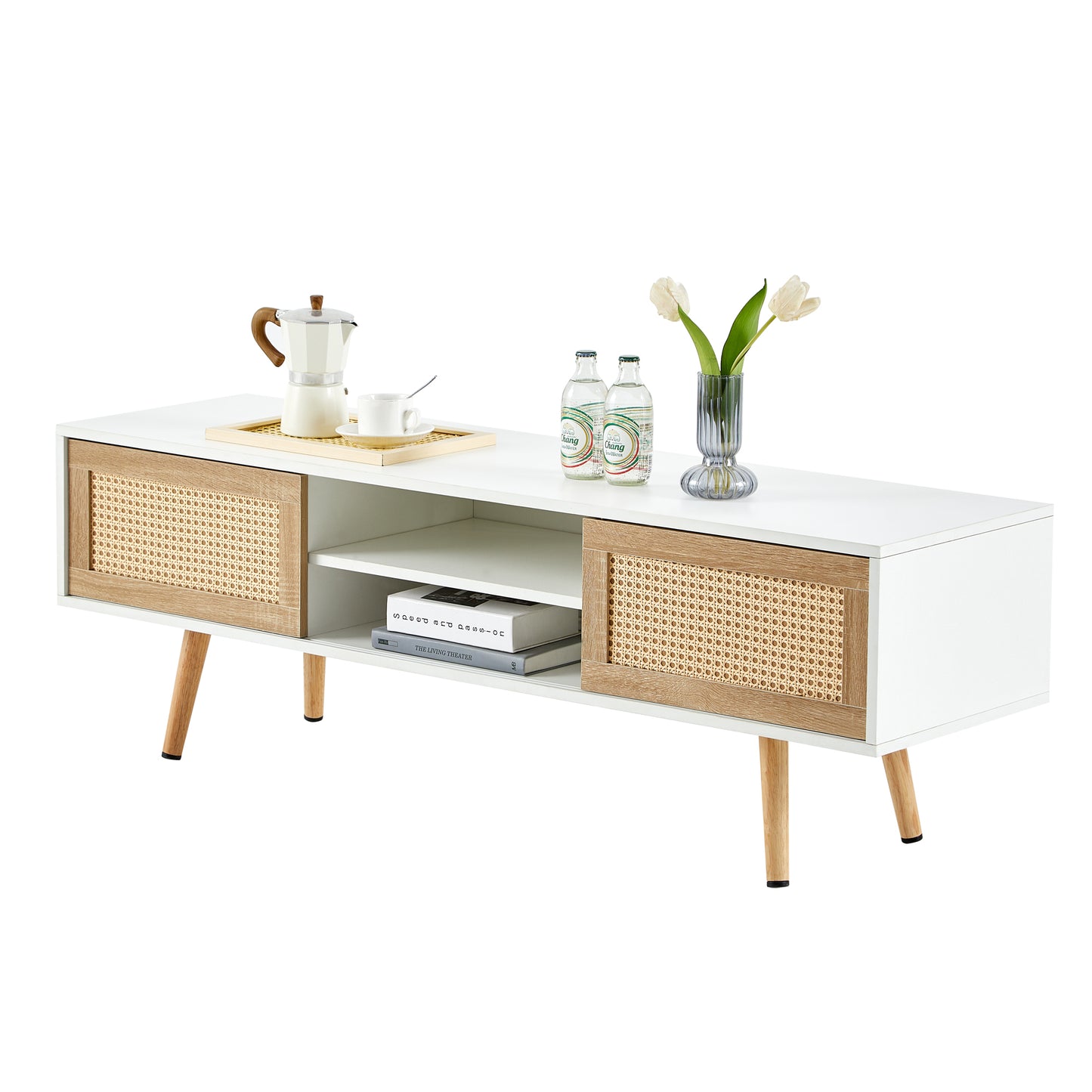 Mid-Century Modern TV Stand with Rattan Sliding Doors – Fits up to 65" TVs