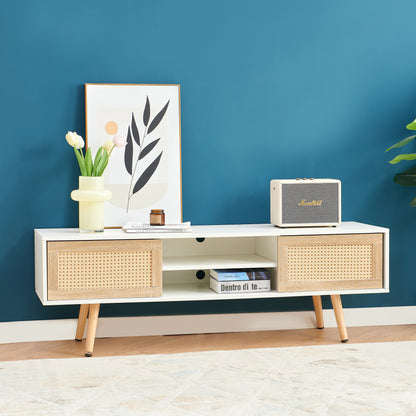 Mid-Century Modern TV Stand with Rattan Sliding Doors – Fits up to 65" TVs