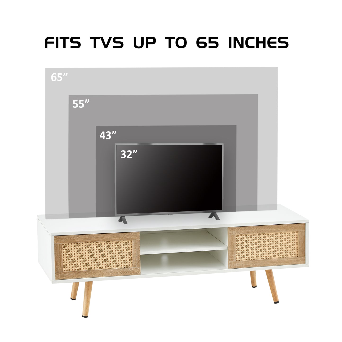 Mid-Century Modern TV Stand with Rattan Sliding Doors – Fits up to 65" TVs