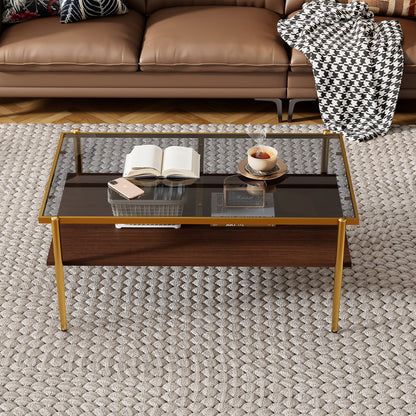 Modern Glass Coffee Table with Golden Metal Frame and Wooden Storage Shelf