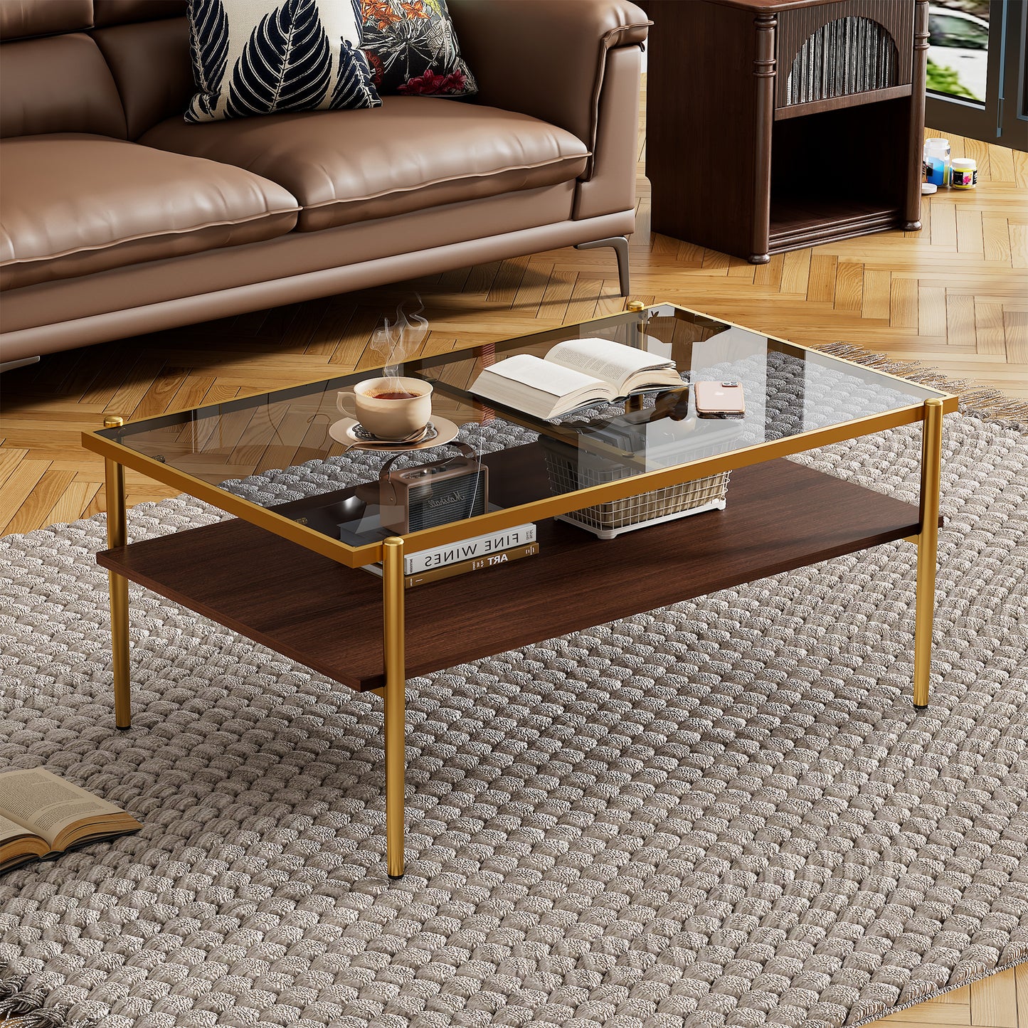 Modern Glass Coffee Table with Golden Metal Frame and Wooden Storage Shelf