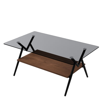 Modern Glass Coffee Table with Tempered Glass Top and Wooden Shelf - Industrial Design