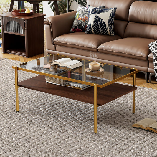 Modern Glass Coffee Table with Golden Metal Frame and Wooden Storage Shelf