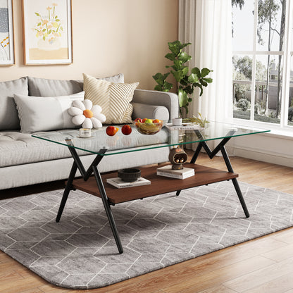 Modern Tempered Glass Coffee Table with Storage Shelf