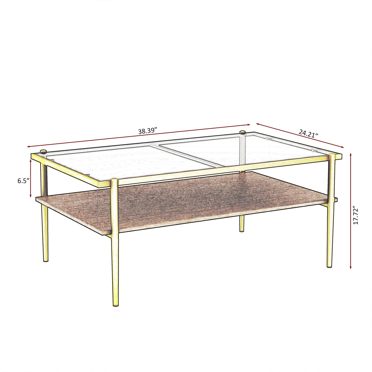 Modern Glass Coffee Table with Golden Metal Frame and Wooden Storage Shelf