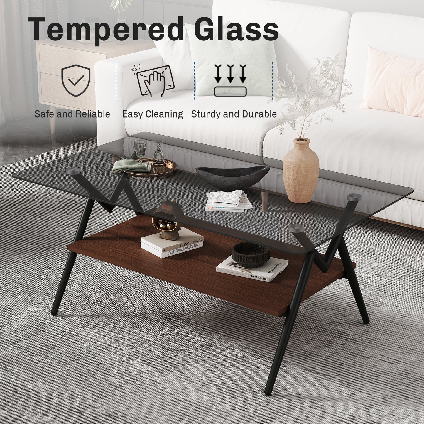 Modern Glass Coffee Table with Tempered Glass Top and Wooden Shelf - Industrial Design