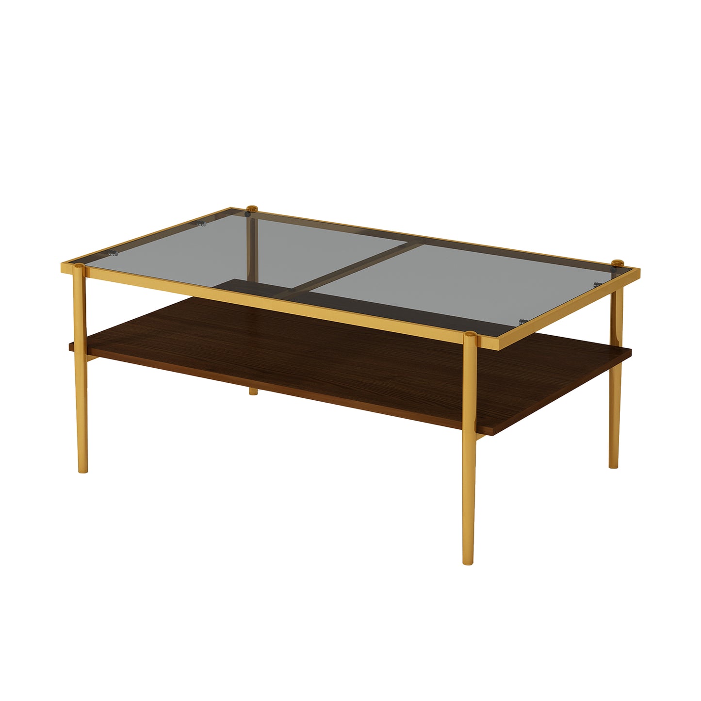 Modern Glass Coffee Table with Golden Metal Frame and Wooden Storage Shelf