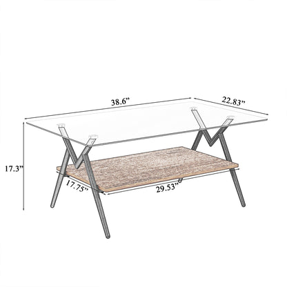 Modern Glass Coffee Table with Tempered Glass Top and Wooden Shelf - Industrial Design