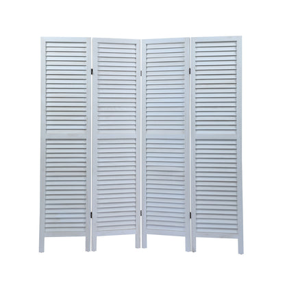 4-Panel White Wooden Room Divider - Shutter-Style Folding Privacy Screen