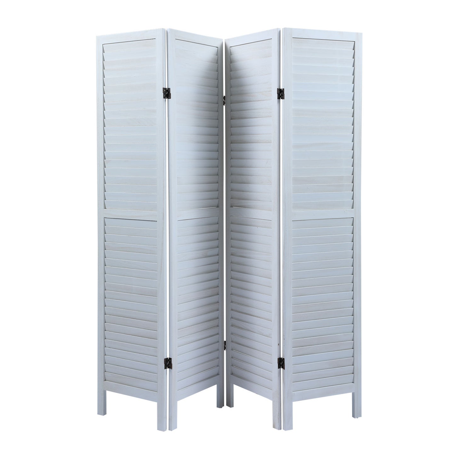 4-Panel White Wooden Room Divider - Shutter-Style Folding Privacy Screen