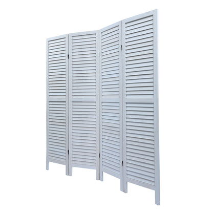 4-Panel White Wooden Room Divider - Shutter-Style Folding Privacy Screen