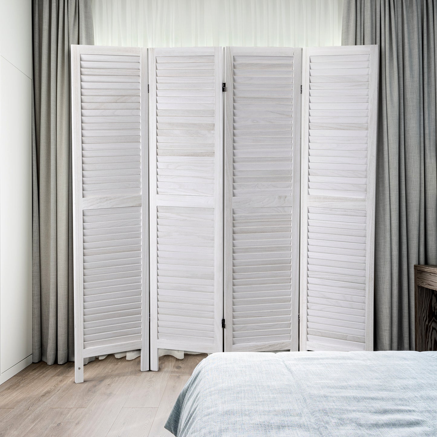 4-Panel White Wooden Room Divider - Shutter-Style Folding Privacy Screen