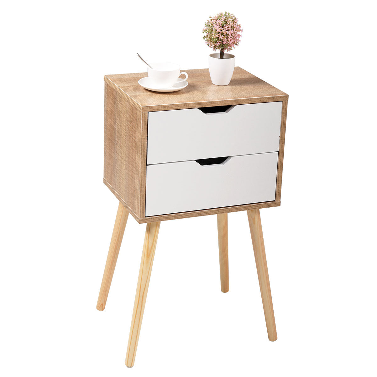 Modern Scandinavian Style Nightstand with 2 Drawers - Mid-Century Wooden End Table