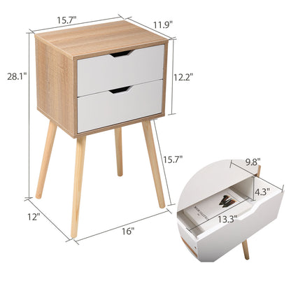 Modern Scandinavian Style Nightstand with 2 Drawers - Mid-Century Wooden End Table