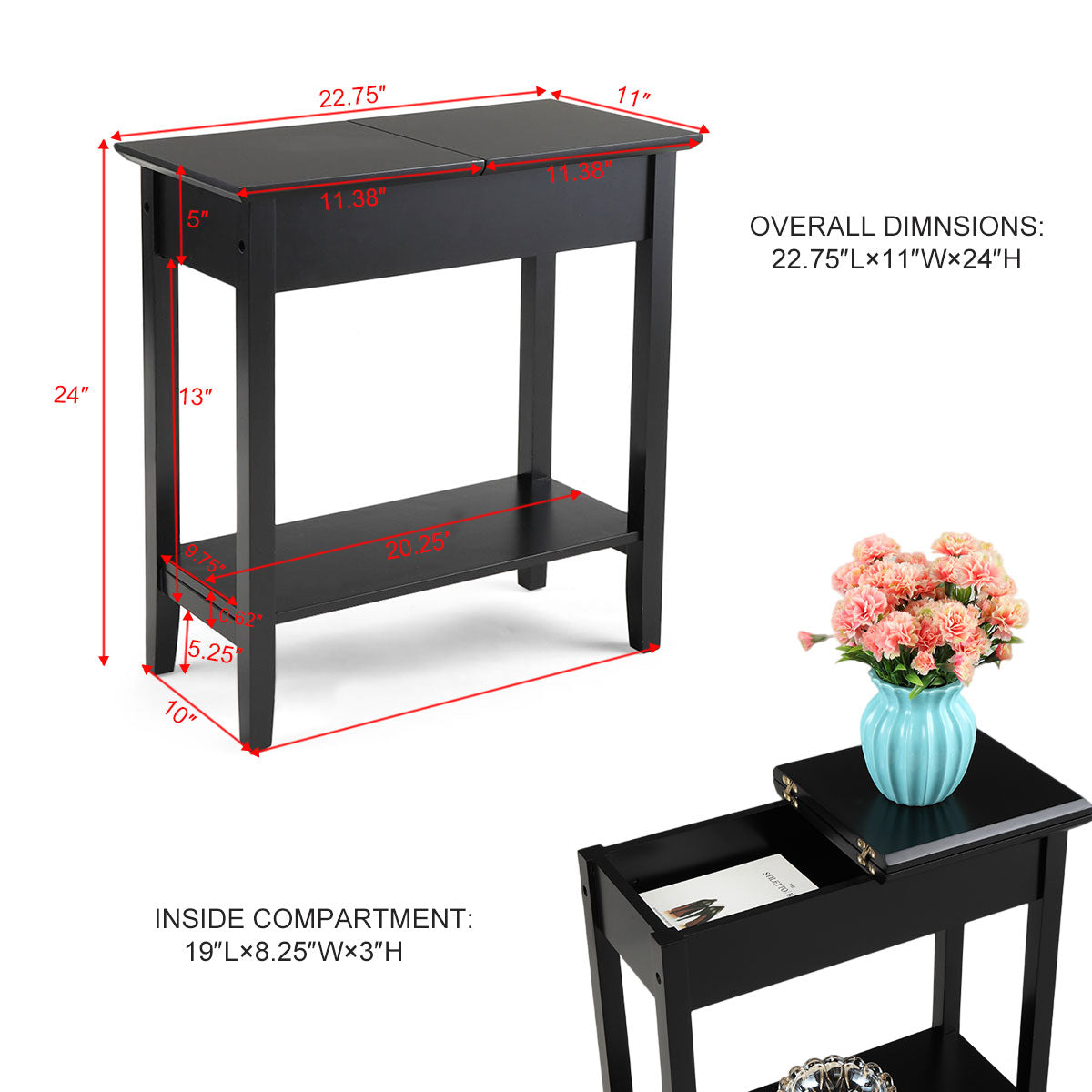 Modern Slim Wooden Console Table with Hidden Storage Compartment – Black