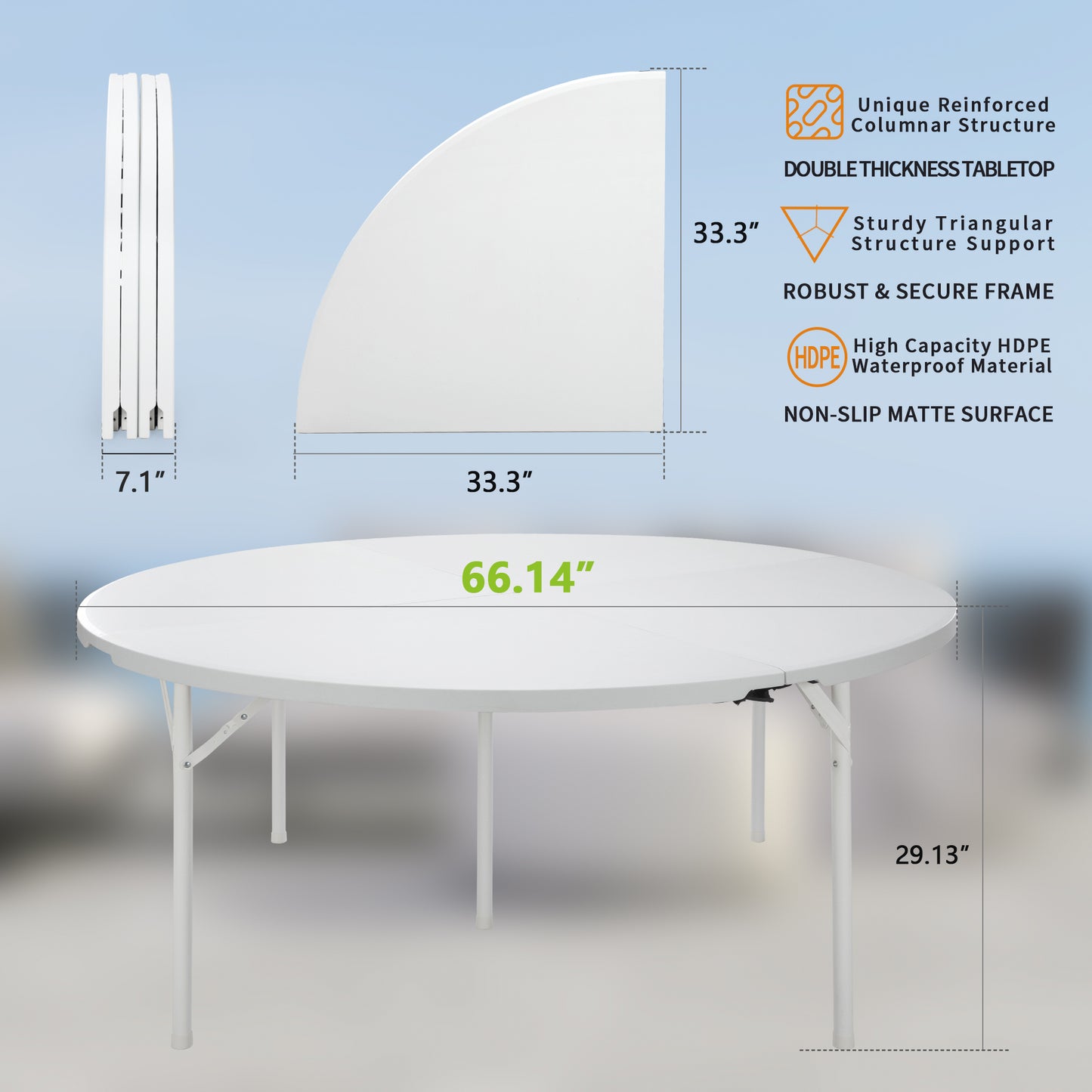 Portable Folding Round Outdoor Party Table - 66" HDPE Waterproof Picnic Table